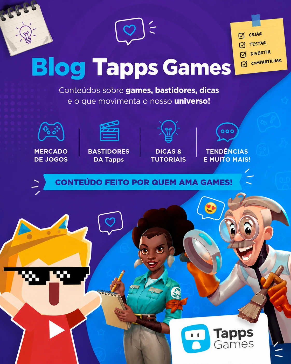 Banner do blog “Tapps Games” com personagens em estilo cartoon, ícones de jogos e chamadas para conteúdo sobre mercado de jogos, bastidores e tendências.
