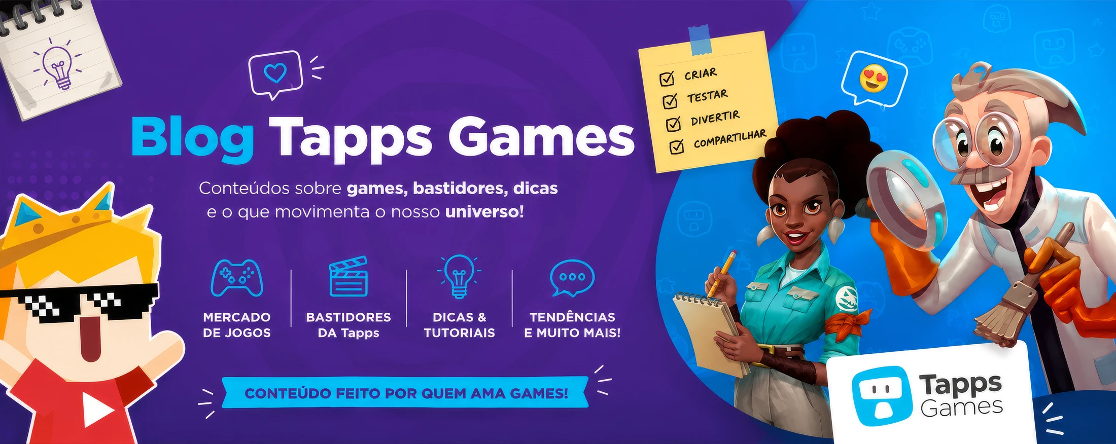 banner-home-blog-tapps-games Banner do blog “Tapps Games” com personagens em estilo cartoon, ícones de jogos e chamadas para conteúdo sobre mercado de jogos, bastidores e tendências.