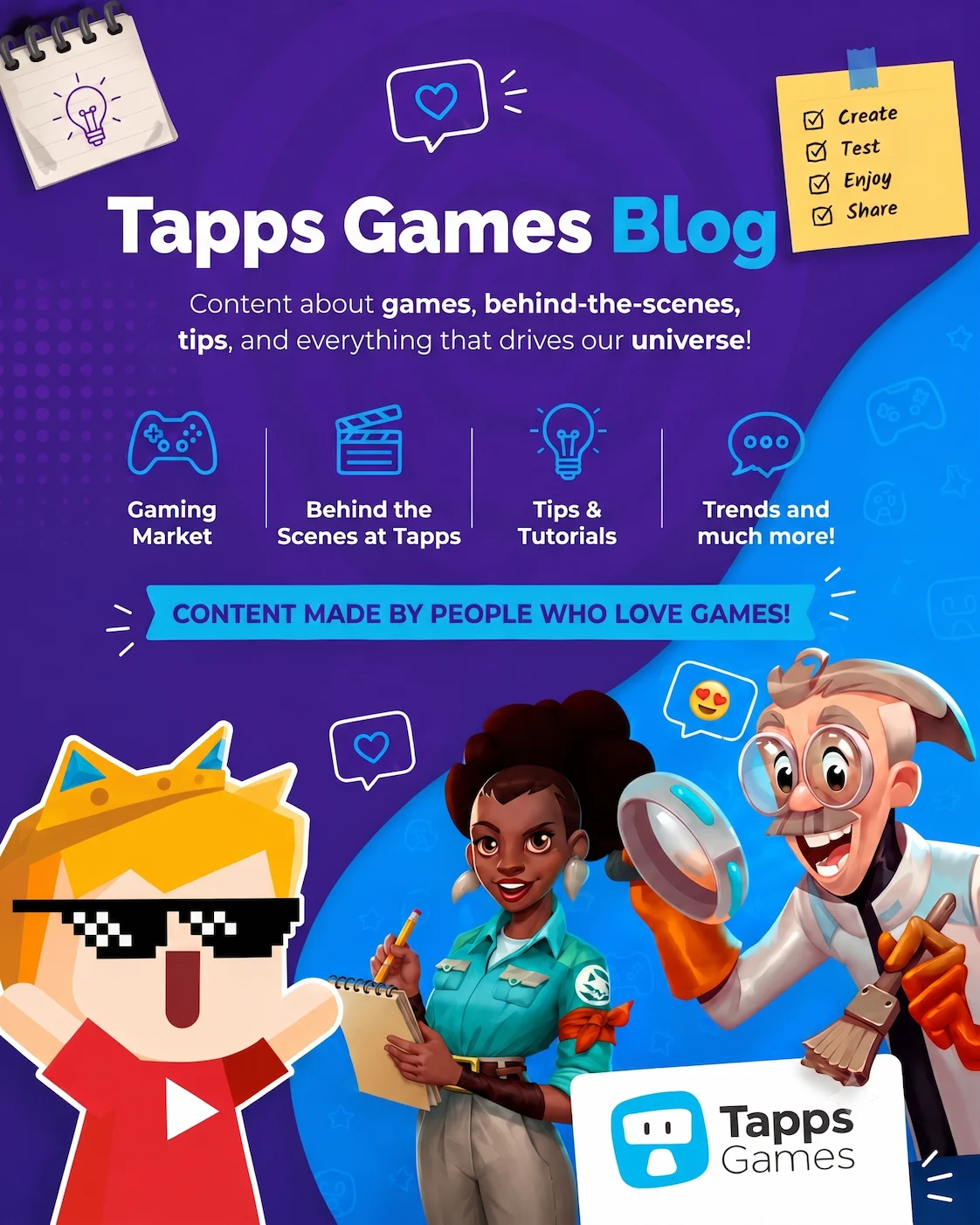 Banner do blog “Tapps Games” com personagens em estilo cartoon, ícones de jogos e chamadas para conteúdo sobre mercado de jogos, bastidores e tendências.