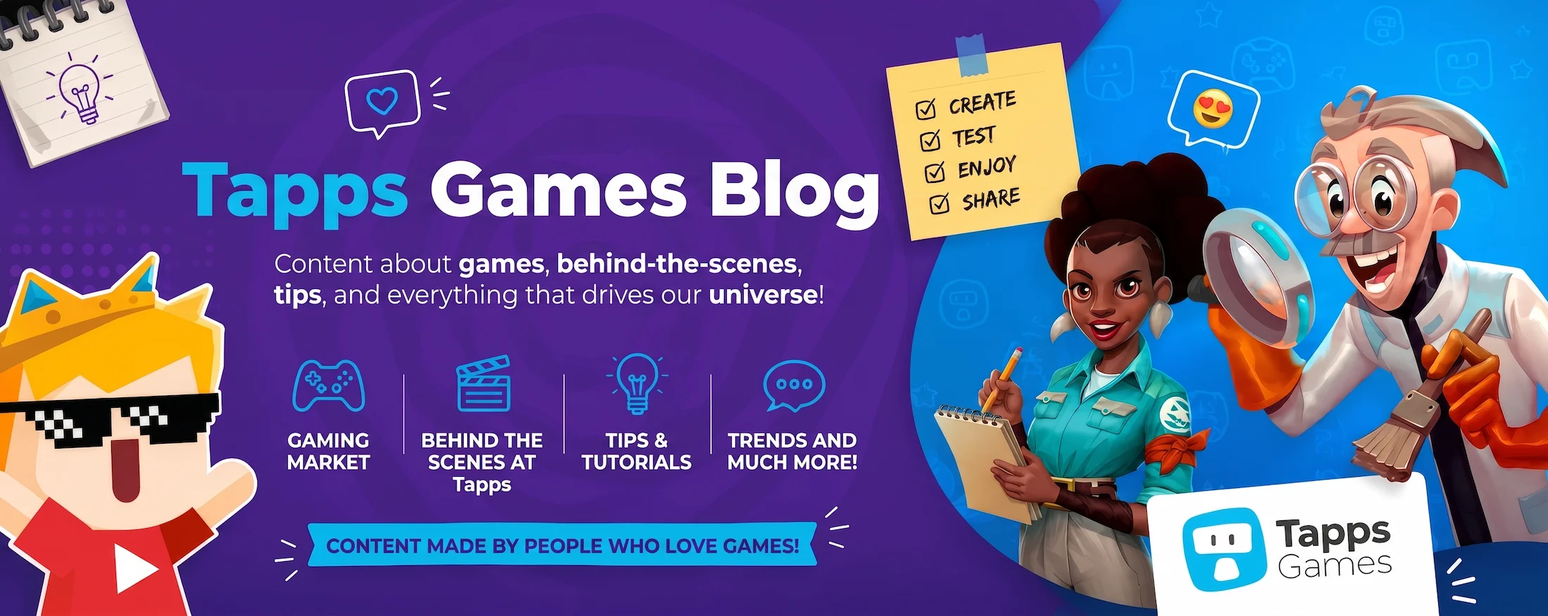 banner-home-blog-tapps-games Banner do blog “Tapps Games” com personagens em estilo cartoon, ícones de jogos e chamadas para conteúdo sobre mercado de jogos, bastidores e tendências.