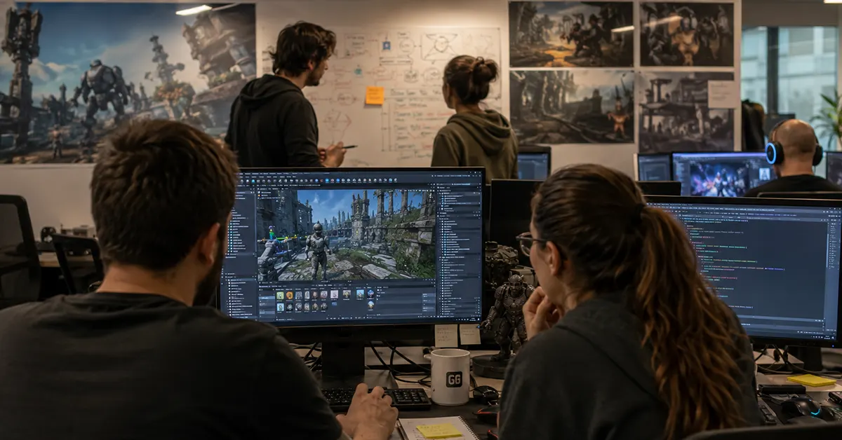 Equipe de desenvolvimento em escritório de jogos, trabalhando em computadores com software de criação e modelagem 3D, com painéis de referência e esboços na parede.